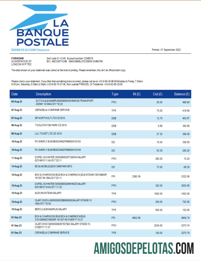 Em branco La Banque Postale Firm Bank Statement modelo Word e PDF
